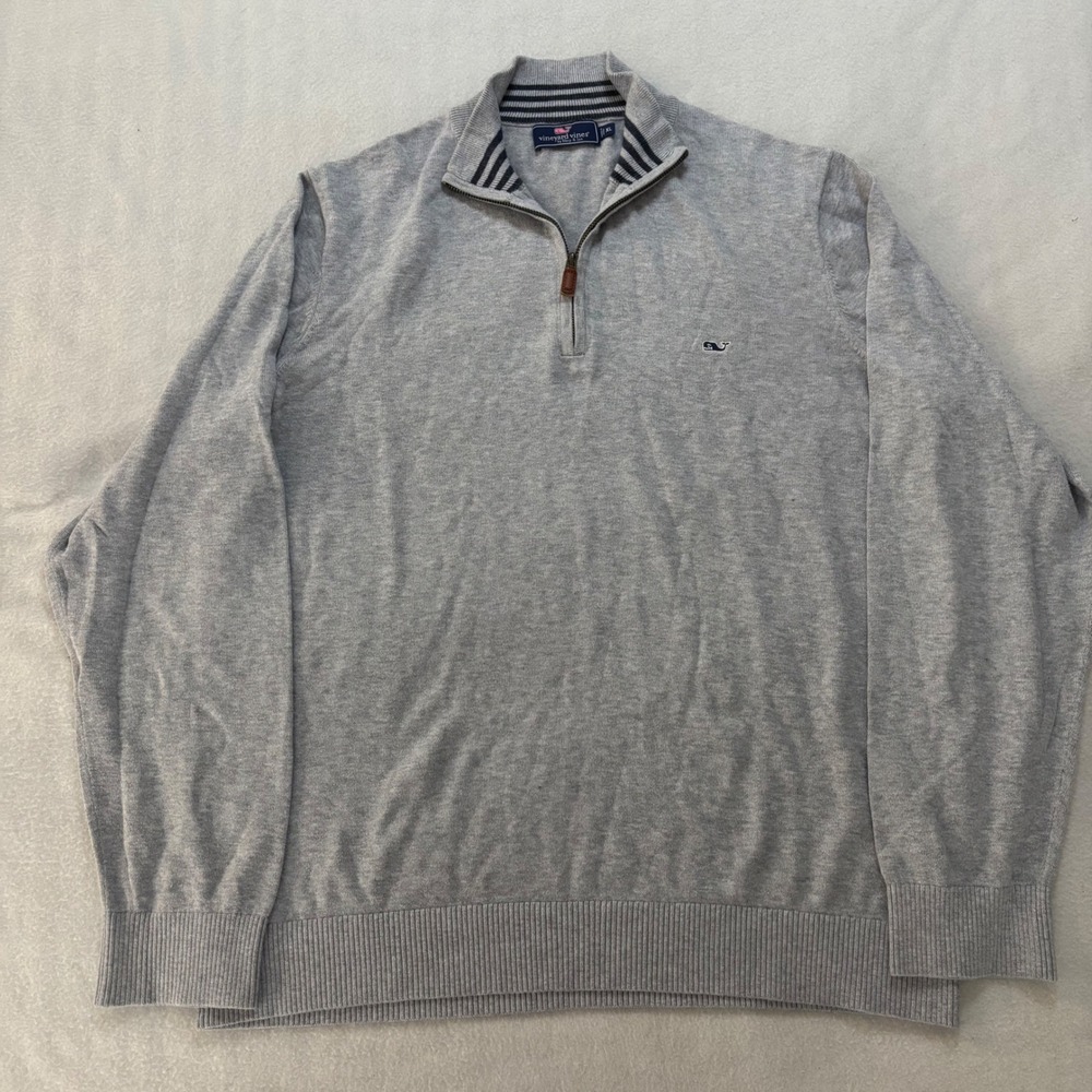 Vineyard Vines Mens XL Gray Cotton Quarter Zip Pullover Whale Logo Sweater